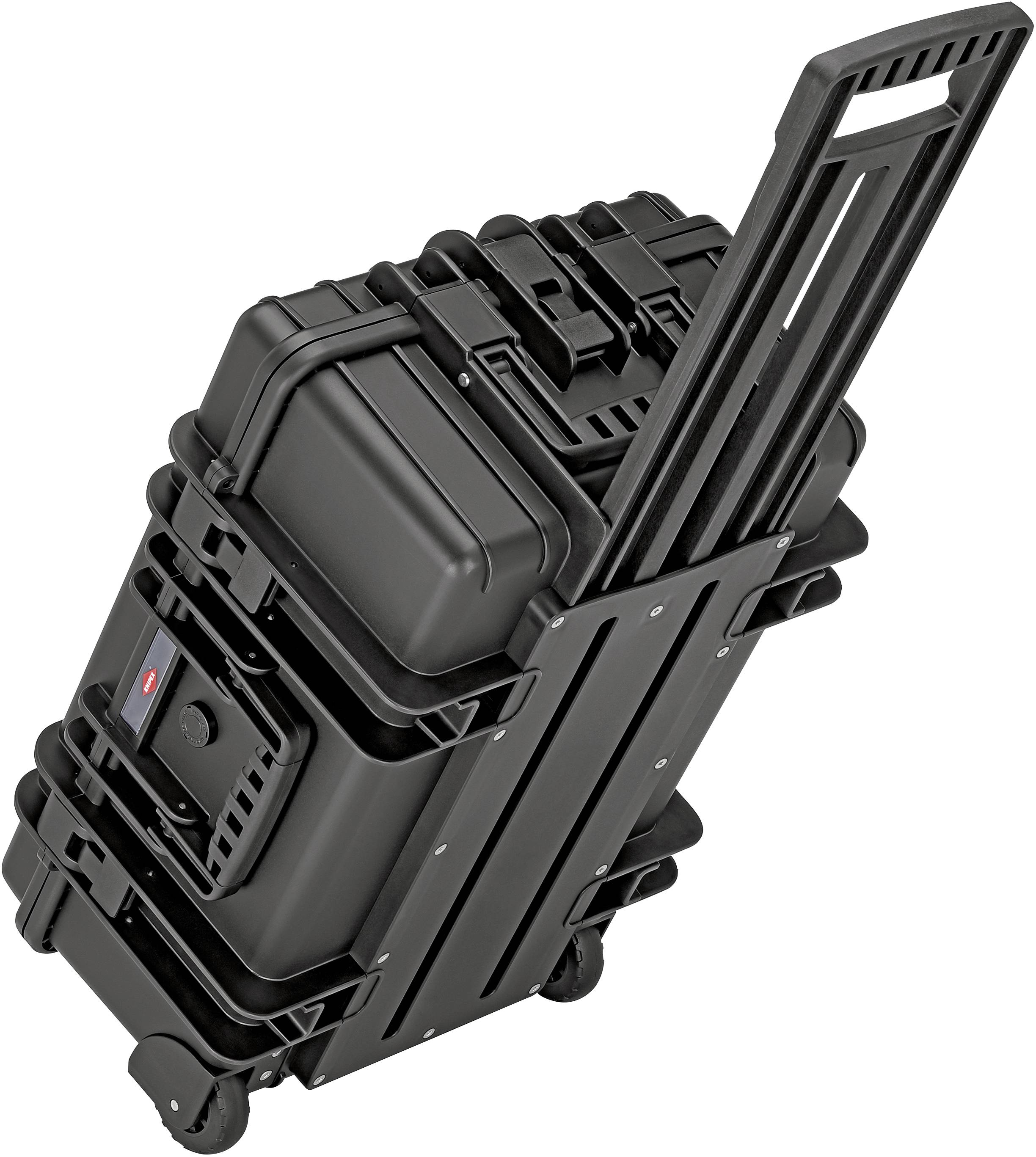 Sort, robust rullekoffer med teleskopgreb og hjul, velegnet til sikker transport af følsomme apparater eller værktøj.