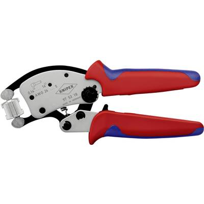 Håndkrimpeværktøj med røde og blå greb, Knipex-logo synlig, egnet til kabelværdier fra 0,14 til 6 mm².