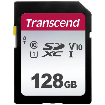 128 GB SD-kort med påskriften 'Transcend', hastighedssymboler og kapacitetsangivelse til foto- og datalagring.