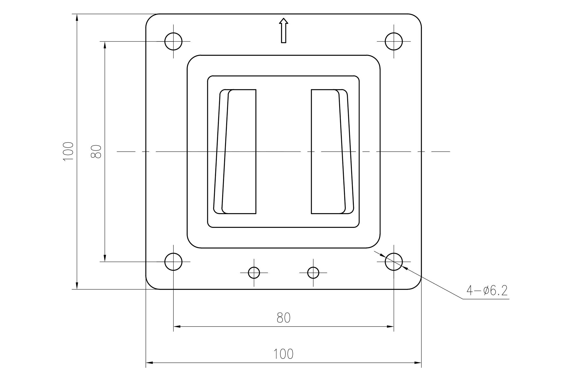 Teknisk tegning af en rektangulær kontakt med dimensioner: 100 x 80 mm. Pil øverst angiver monteringsretningen.