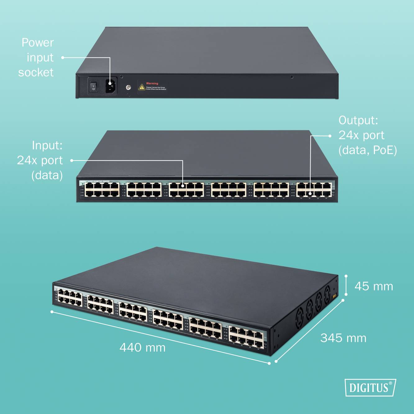 Netværksswitch med 24 porte til data og PoE, dimensioner 440 x 345 x 45 mm. Strømforsyningsindgang øverst.