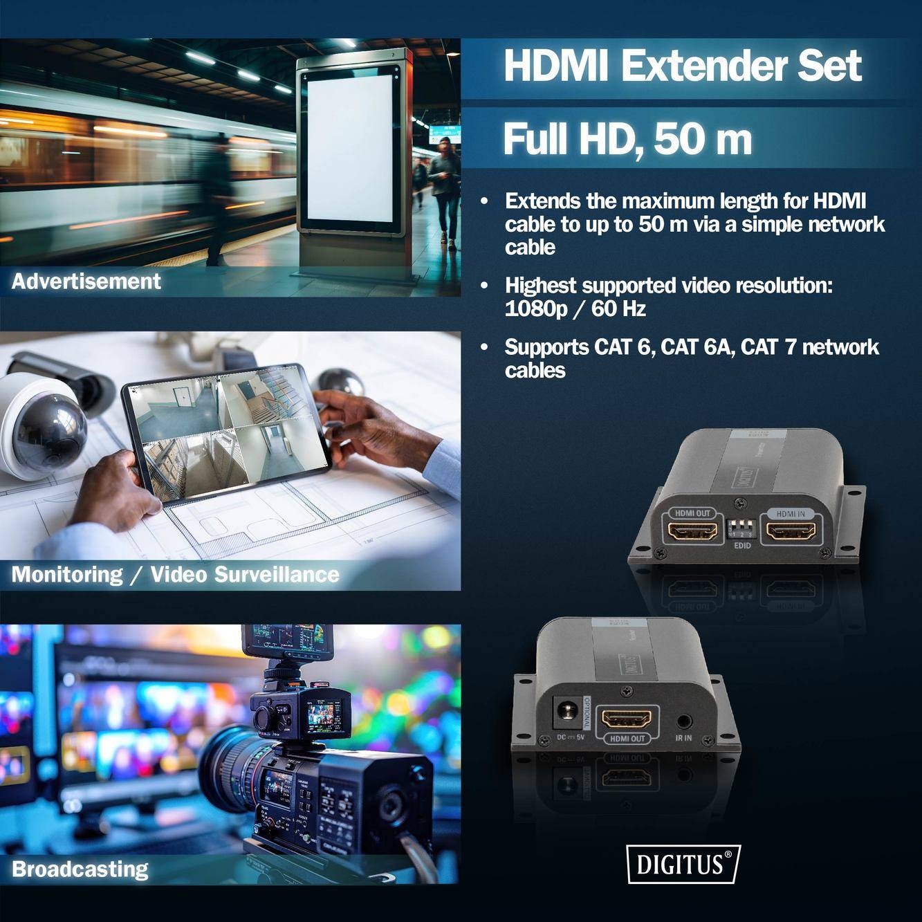 HDMI Forlænger Sæt: Full HD, 50 m. Forlænger HDMI-kabel op til 50 m, understøtter 1080p/60 Hz. Til CAT 6, CAT 6A, CAT 7 kabler. Anvendelse: Reklame, overvågning, broadcast.