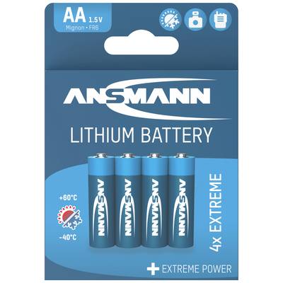 Fire Ansmann AA 1,5V lithiumbatterier, velegnede til ekstreme temperaturer fra -40°C til +60°C, på blå baggrund.