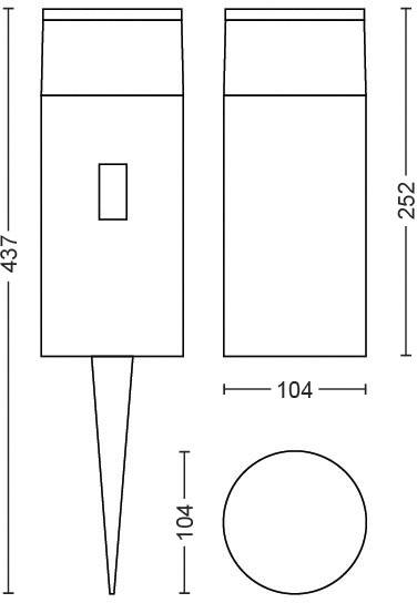 Teknisk tegning af en slank cylinder med hætte, spids nedad. Mål: Højde 437 mm, bredde 104 mm. Side- og topvisning vist.