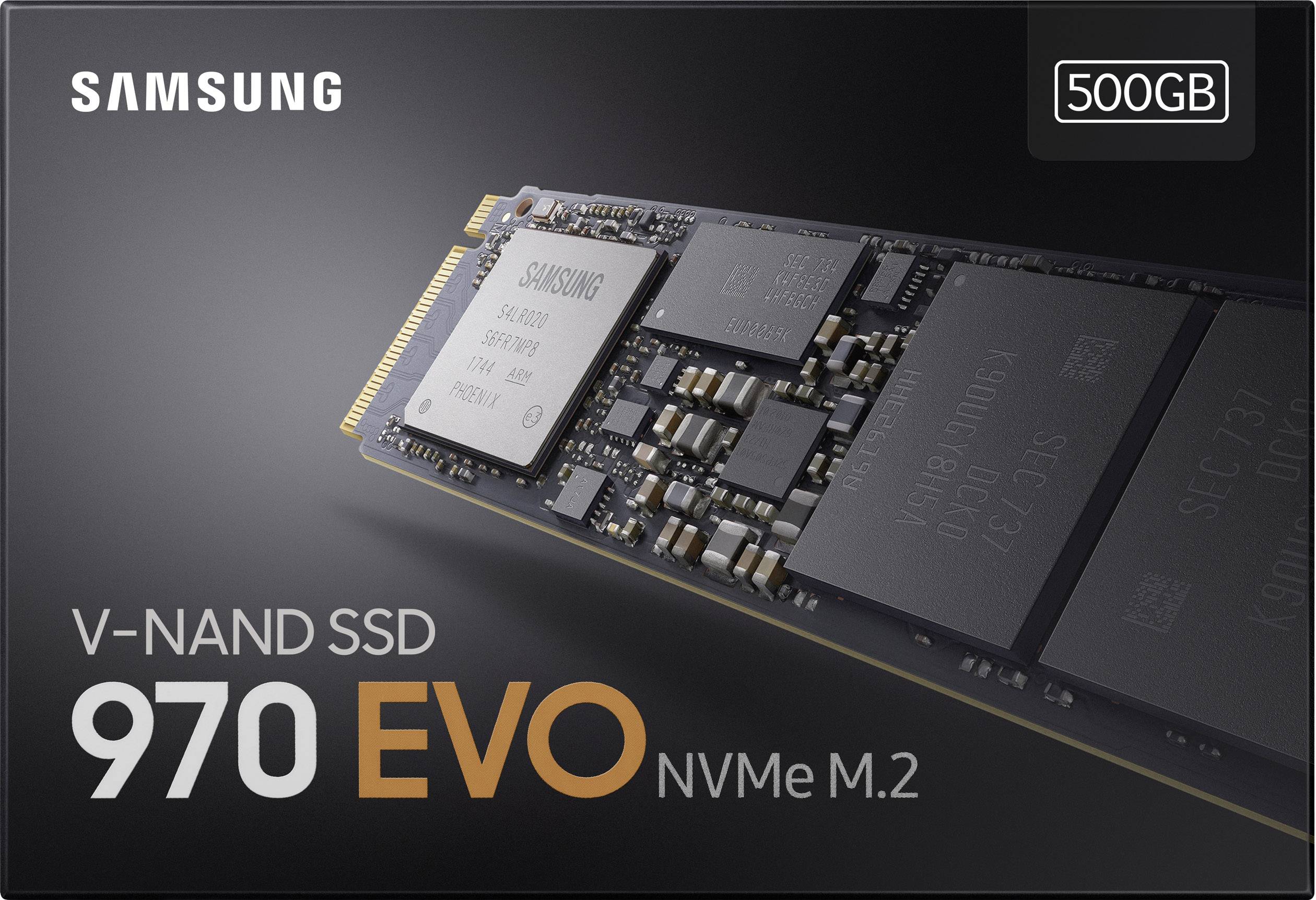 Samsung V-NAND SSD 970 EVO NVMe M.2, 500 GB lagerkort.