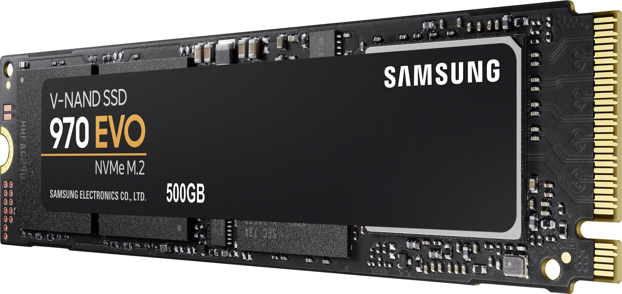 Sort Samsung V-NAND SSD 970 EVO, 500 GB, NVMe M.2 lagerkort, rektangulær med gyldne kontakter på højre side.