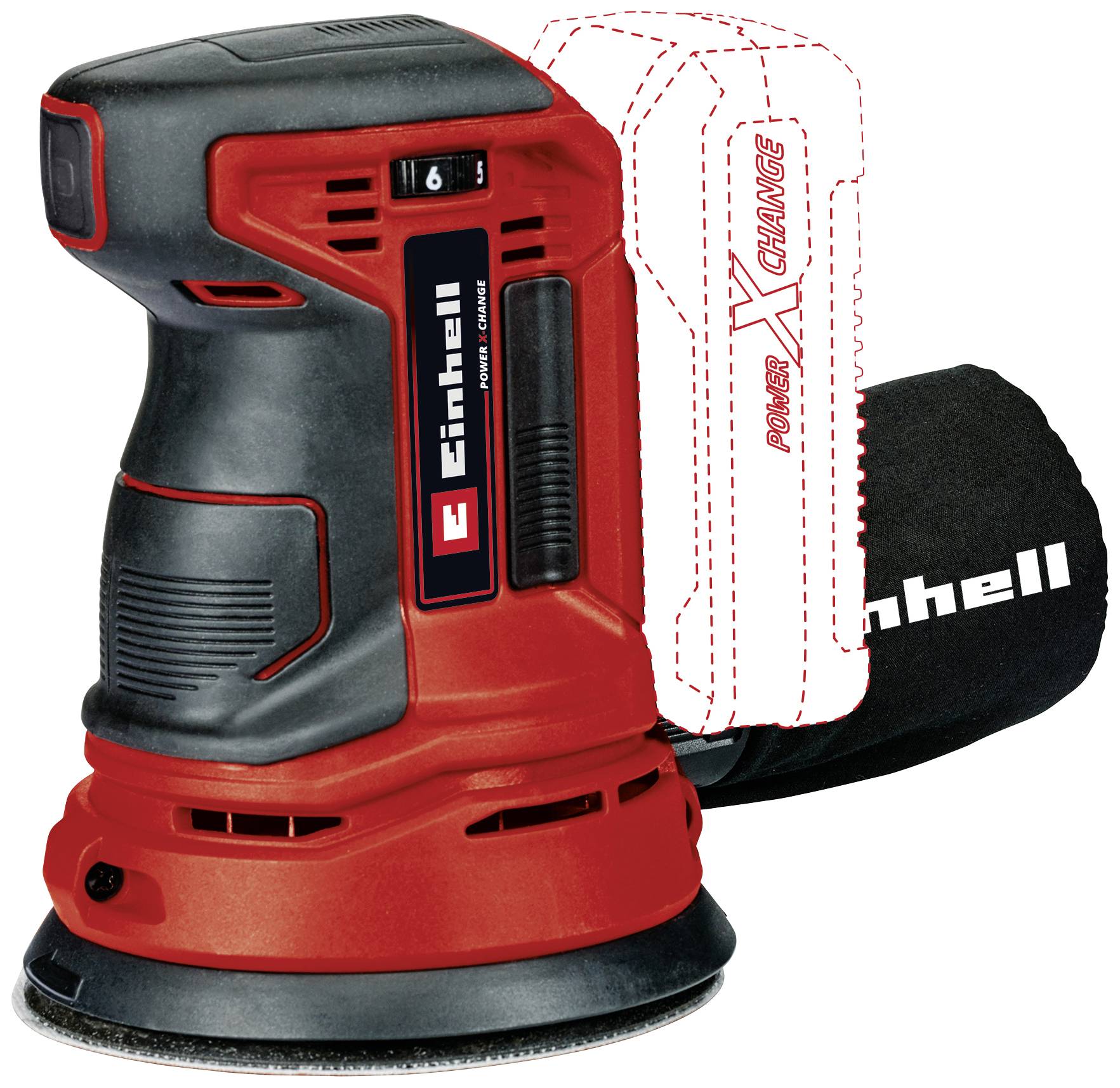 'Einhell' excentersliber fra 'Power X-Change' serien, rød-sort, med støvopsamlingssæk. Batteriniveau vist ved kontur.