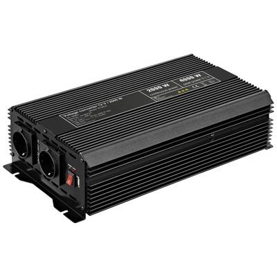 En sort spændingsomformer, 2500W maksimalt, med to stikkontakter og en tænd/sluk-kontakt, til strømomformning fra 12V til 230V.