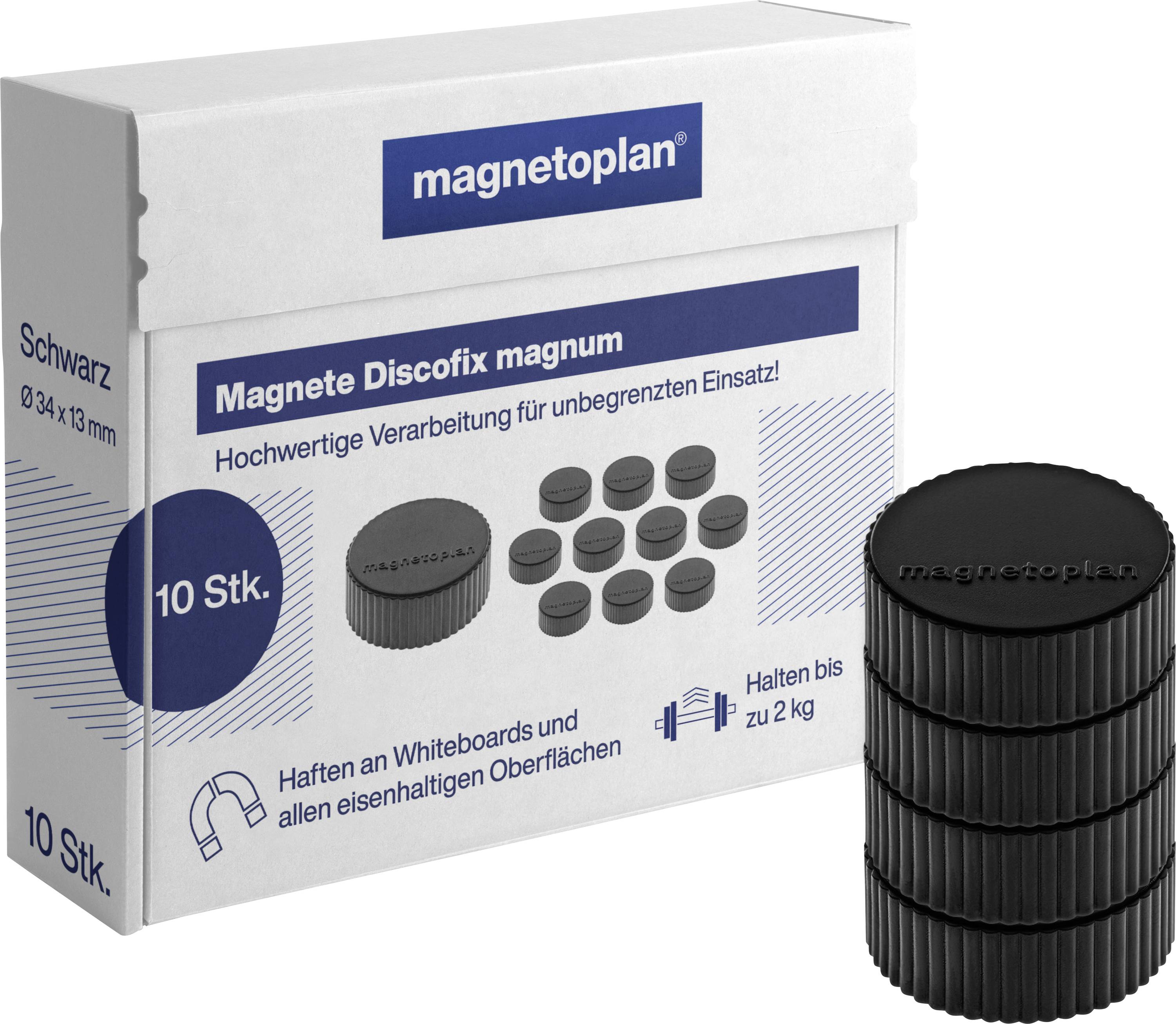 Emballage til 'Magnete Disofix magnum'. Indeholder 10 sorte magneter, hver 34x13mm. Egnet til whiteboards og metaloverflader, holder op til 2 kg.