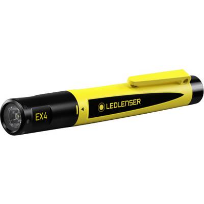 En gul-sort LED-lommelygte med clips og påskriften 'LEDLENSER EX4', egnet til brug i eksplosionsfarlige områder.