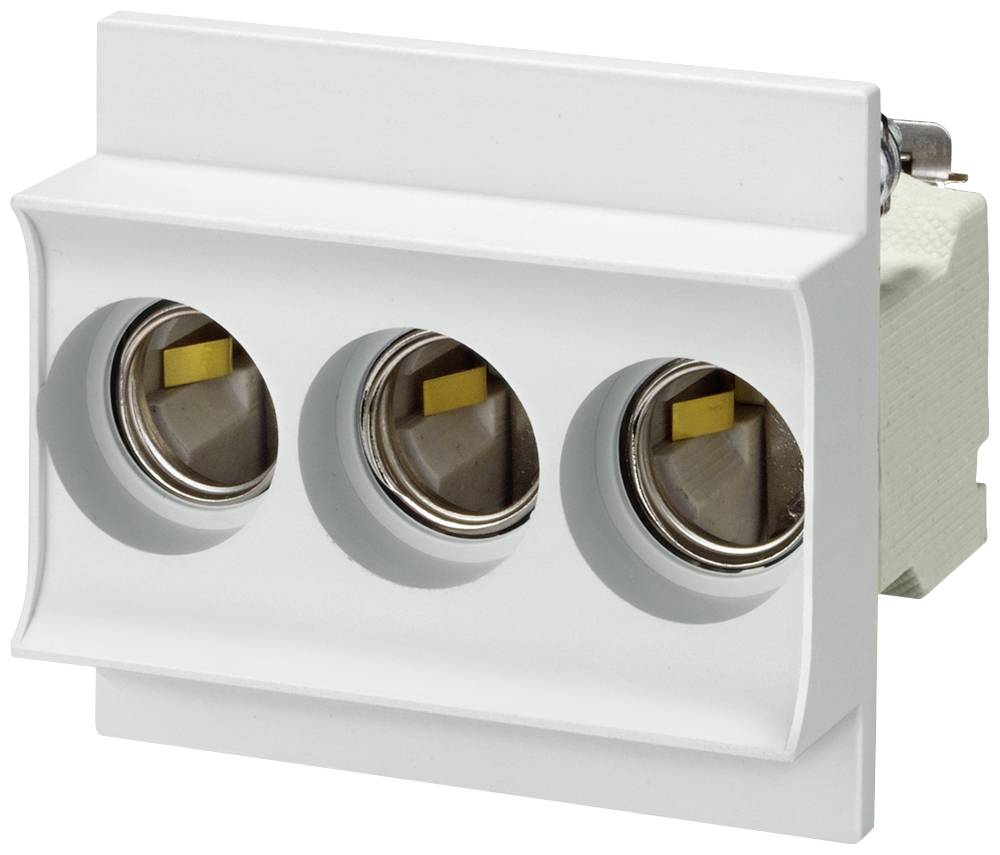 En tredobbelt hvid holder med runde fatninger, sandsynligvis egnet til elektriske tilslutninger eller lyskilder.
