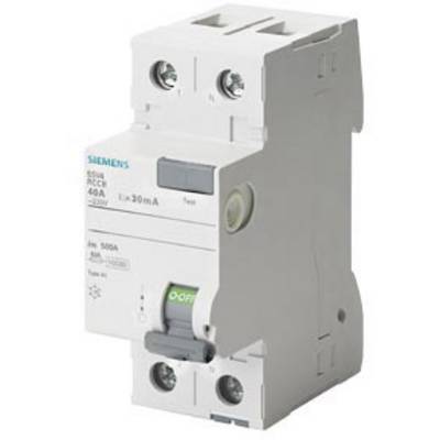 En fejlstrømsafbryder (RCD-afbryder) fra Siemens med følgende specifikationer: 40A, 500V, 30mA. Bruges til sikkerhed i elektriske systemer.