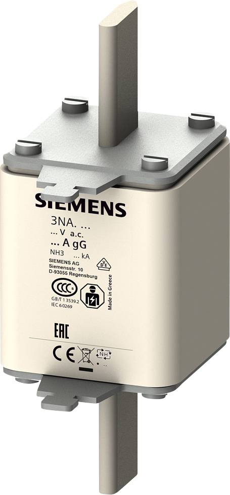 Siemens NH-sikringsindsats 3NA3, 400V AC, 100A, med CE- og EAC-mærkning, til overstrømsbeskyttelse i elektriske systemer.