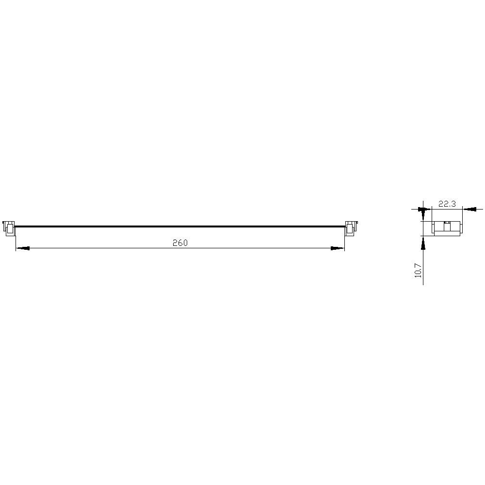 Teknisk tegning af en bjælke med følgende dimensioner: Længde 260 mm, højde 10,7 mm, bredde 22,3 mm.