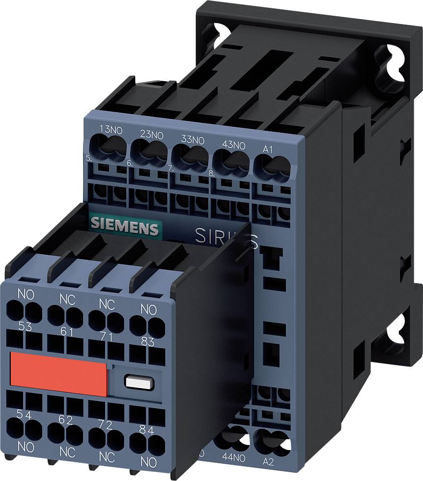 En sort og blå elektrisk kontaktor fra Siemens, model 'SIRIUS', med flere tilslutningsklemmer, monteret på en holder.