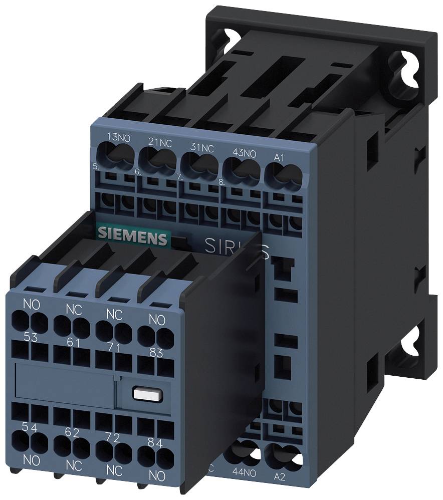 Et Schütz fra Siemens, model SIRIUS, med flere kontakter og tilslutninger. Det bruges til styring af elektriske kredsløb.