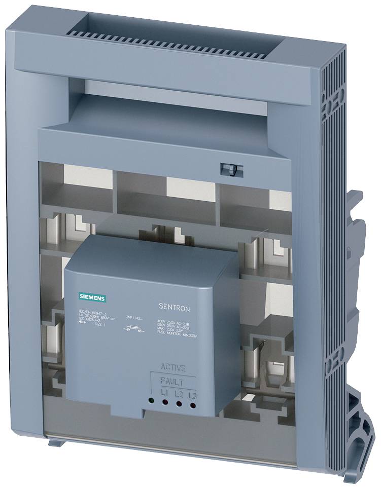 En elektrisk effektafbryder fra Siemens i Sentron-serien, grå og blå, med kontrollamper for 'Aktiv' og 'Fejl'.