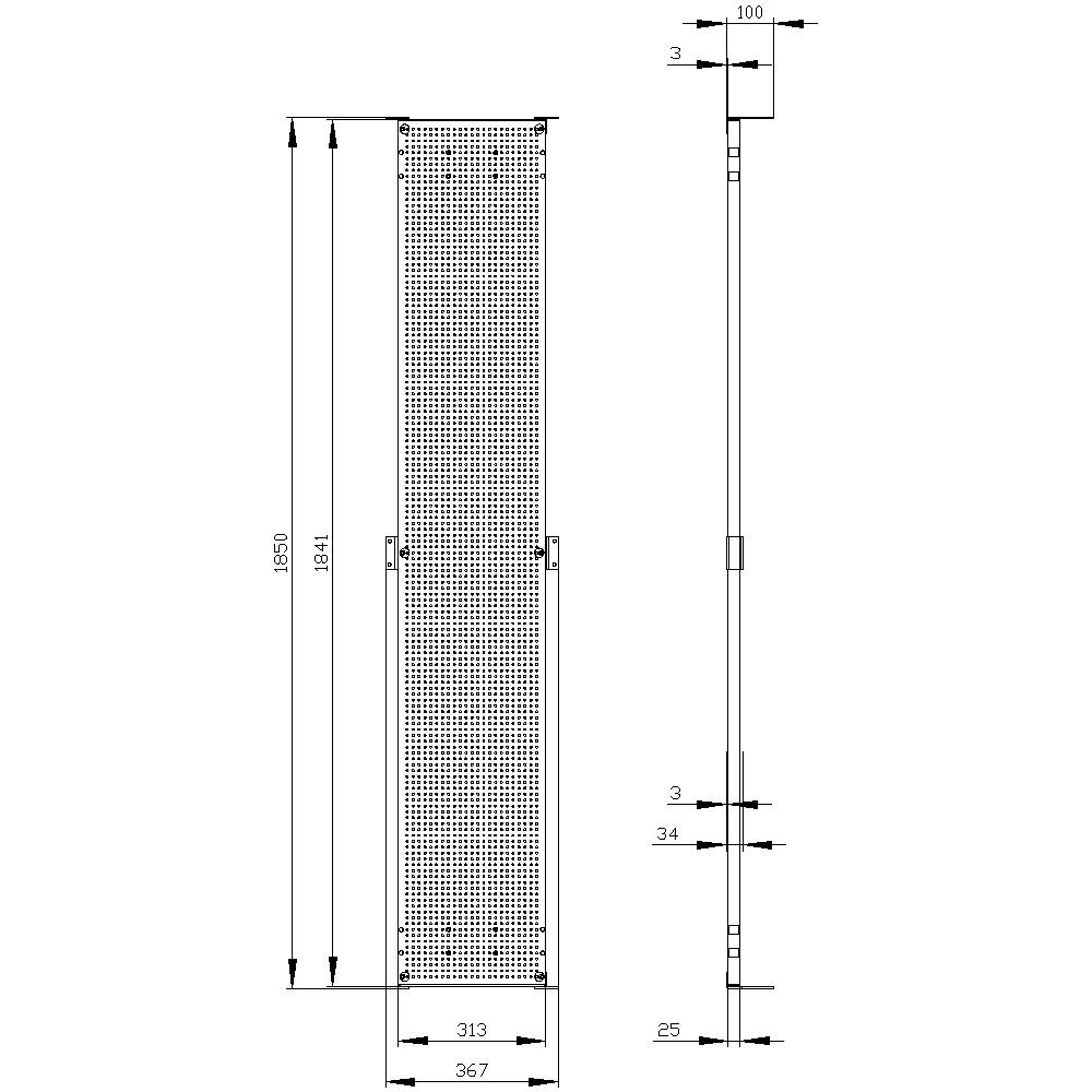 Teknisk tegning af et rektangulært, perforeret metalark med følgende dimensioner: 1841 mm højde, 313 mm bredde. Side- og frontvisning.