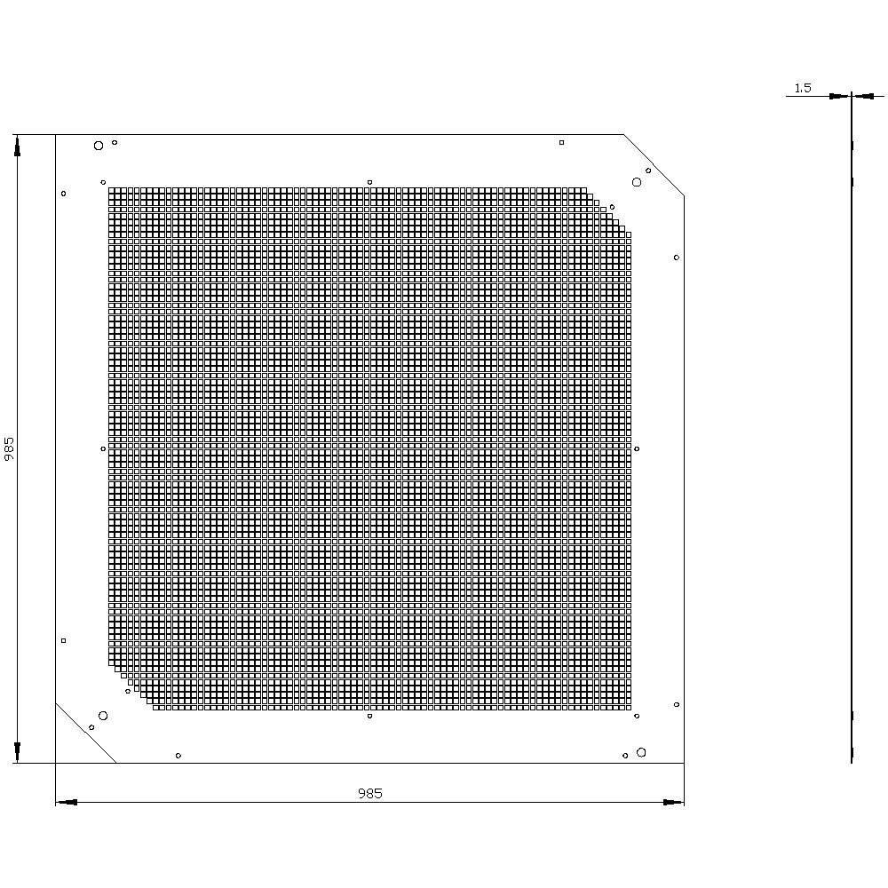 Teknisk tegning af et kvadratisk gitter med dimensionerne 985x985 mm, hjørneafslutninger og detaljeret hulstruktur.