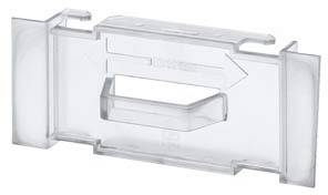 Transparent plastikbeslag med rektangulært udskæring og sidestøtter, formentlig egnet til fastgørelse eller montering.