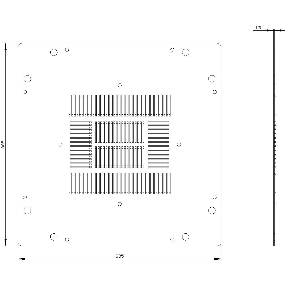 Tegning af en firkantet plade med dimensioner på 395x395 mm og en tykkelse på 1,5 mm med centrale ventilationssprækker.