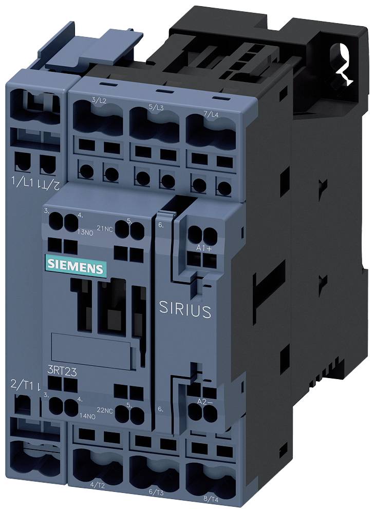 Elektronisk kontaktor Siemens Sirius 3RT123 til motorstyring. Hus i blå og sort med synlig mærke.