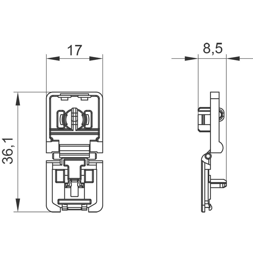 Teknisk tegning af en elektrisk stikforbinder med dimensionerne 36,1 mm højde, 17 mm bredde og 8,5 mm dybde i sidevisning.