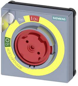 Kontakt med rød drejeknap, gul skala med 'TRIP', 'ON', 'RESET/ÅBEN DØR', grønt 'OFF'-område og Siemens-logo øverst til højre.