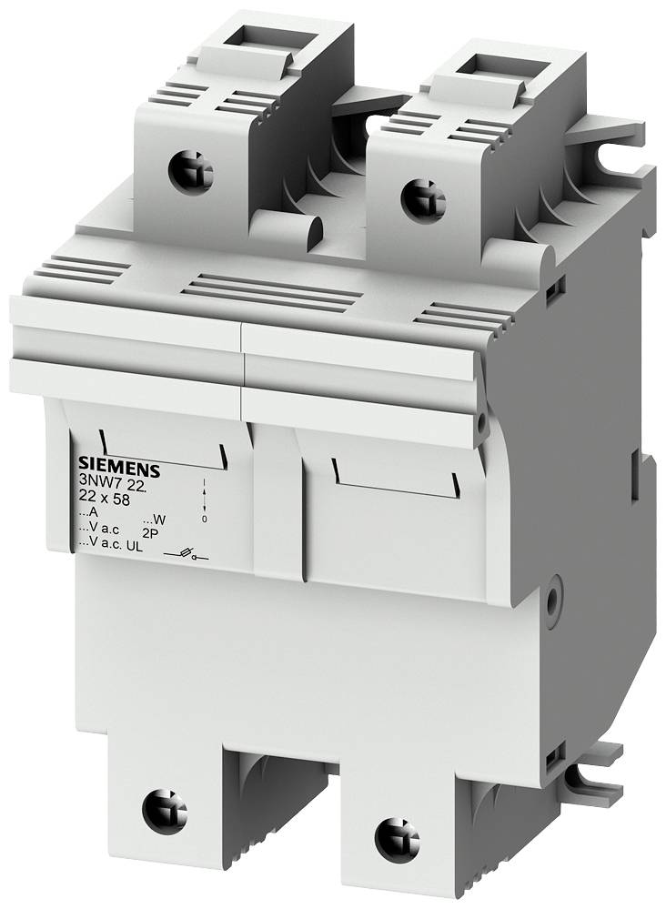 En grå Siemens sikringsholder til smeltesikringer, model 3NW7 22, med to sikringspladser til elektriske beskyttelseskredsløb.