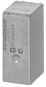 Relais RT314024, Schrapach Austria, 24V DC/AC, 10A 250V~ viser de tekniske specifikationer for en elektrisk relækomponent.