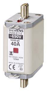Sikringsindsats Siemens 3NA6 817-6, NH00-gG, 690V, 40A. Egnet til industrielle anvendelser, fremstillet i Tyskland.