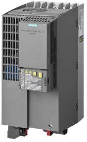 Elektronisk enhed med påskriften 'SINAMICS'. Den har ventilationsåbninger øverst og et betjeningspanel med advarselsmeddelelser.