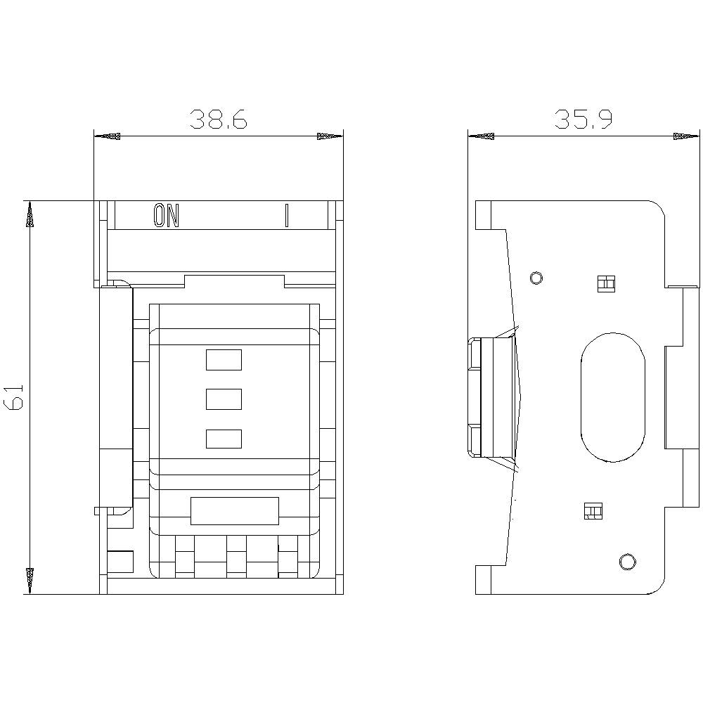 Teknisk tegning af en kontakt med følgende mål: Bredde 38,6 mm, dybde 35,9 mm, højde 61 mm. For- og sidevisning.