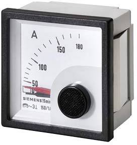 Analogt amperemeter med en skala fra 0 til 180 ampere. Viseren peger på omkring 40 ampere. En sort knap sidder nedenunder.