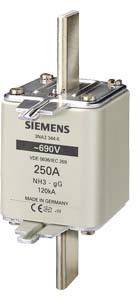En elektrisk sikring fra Siemens, 690V, 250A, NH3, fremstillet i Tyskland.