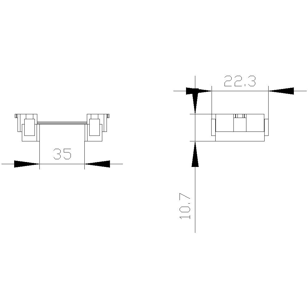 Teknisk tegning af en elektronisk komponent med dimensionerne 35 mm x 22,3 mm x 10,7 mm. Side- og frontal visning.