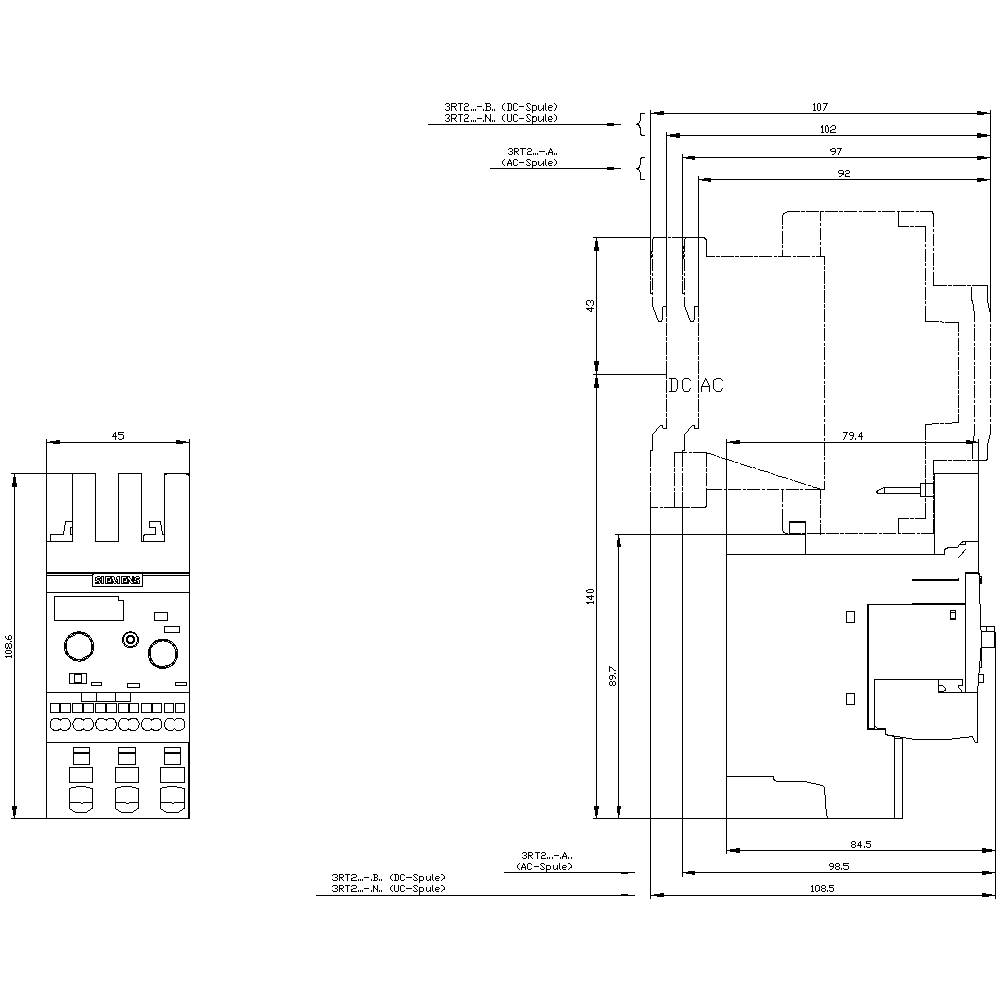 Ledningsdiagram for en elektrisk enhed med dimensioner i millimeter. Viser front- og sidevisning med detaljer om tilslutninger og komponenter.