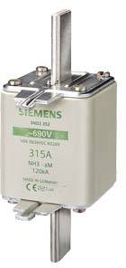 En cylindrisk, elektroteknisk komponent fra Siemens med påskriften '690V, 315A'.