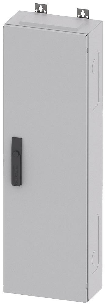 Grå, rektangulær metalskab med sort håndtag, som kan monteres på en væg. Egnet til opbevaring af elektriske komponenter.
