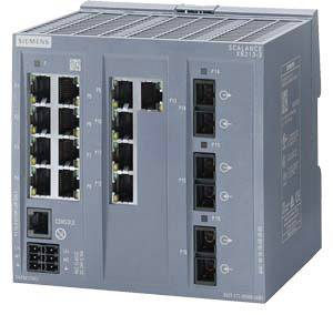 Grå industriel kommunikationsmodul med flere Ethernet-porte og LED-indikatorer, egnet til integration i industrielle netværk.