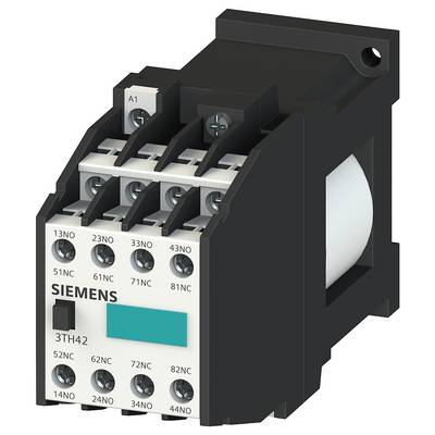 Et Siemens-kontaktormodel 3TH42 med flere tilslutninger og mærkninger på en plastikholder. Essentiel til styrekredsløb.
