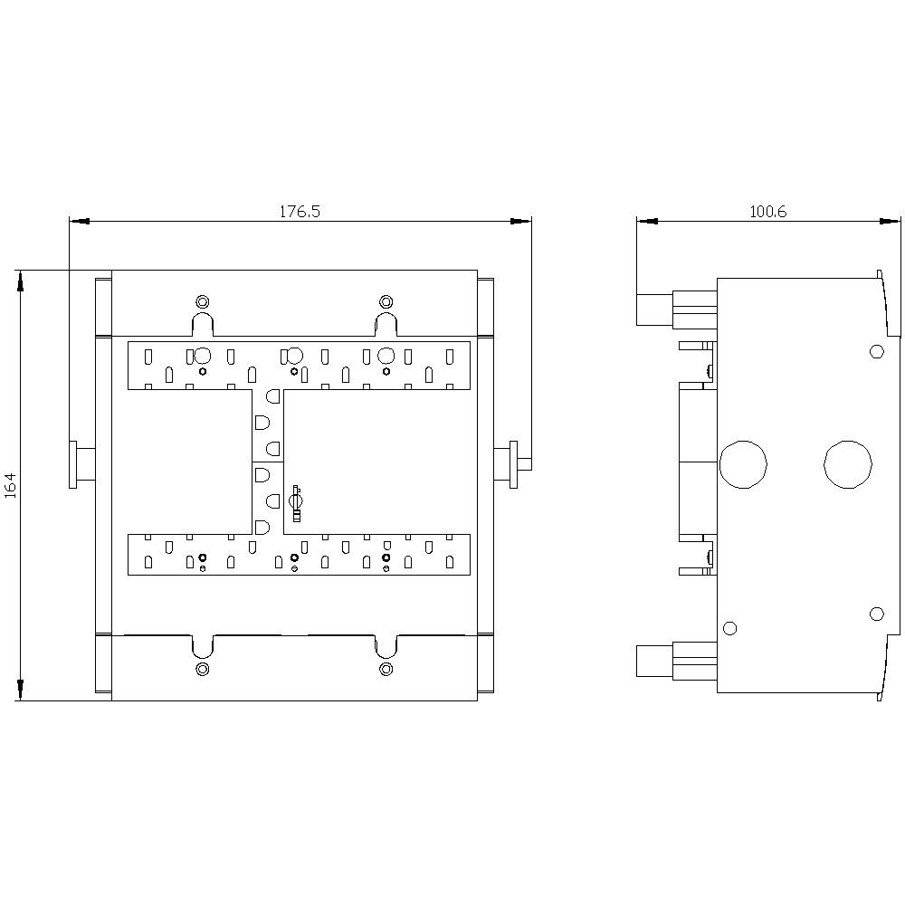 Teknisk tegning af en rektangulær del med for- og sidevisning. Mål: 176,5 x 154 mm forfra, 100,6 mm dyb.