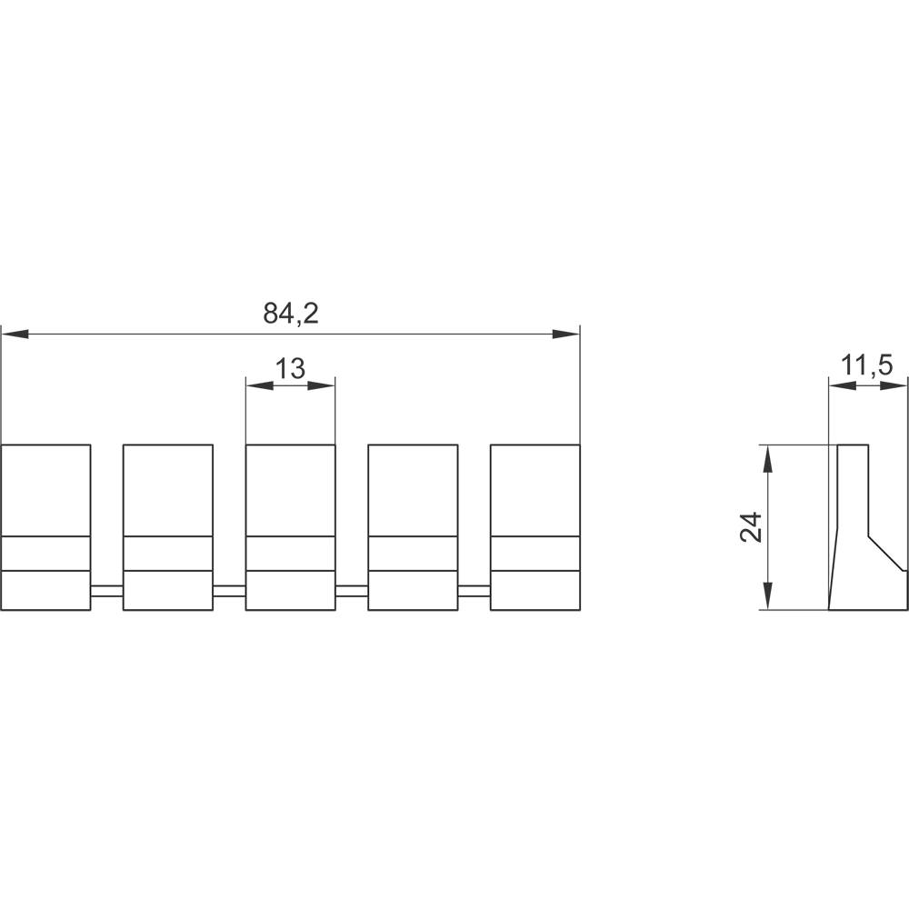 Teknisk tegning af en mekanisk komponent med mål: Længde 84,2 mm, mellemrum 13 mm, højde 24 mm, dybde 11,5 mm.