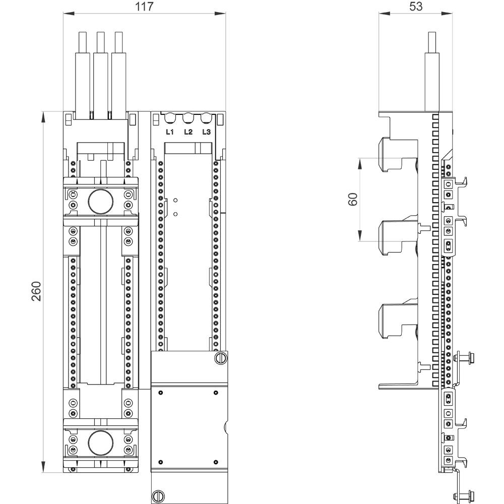 Teknisk tegning af et elektrisk koblingsskab med dimensioner: Højde 260 mm, bredde 117 mm forfra, 53 mm fra siden.