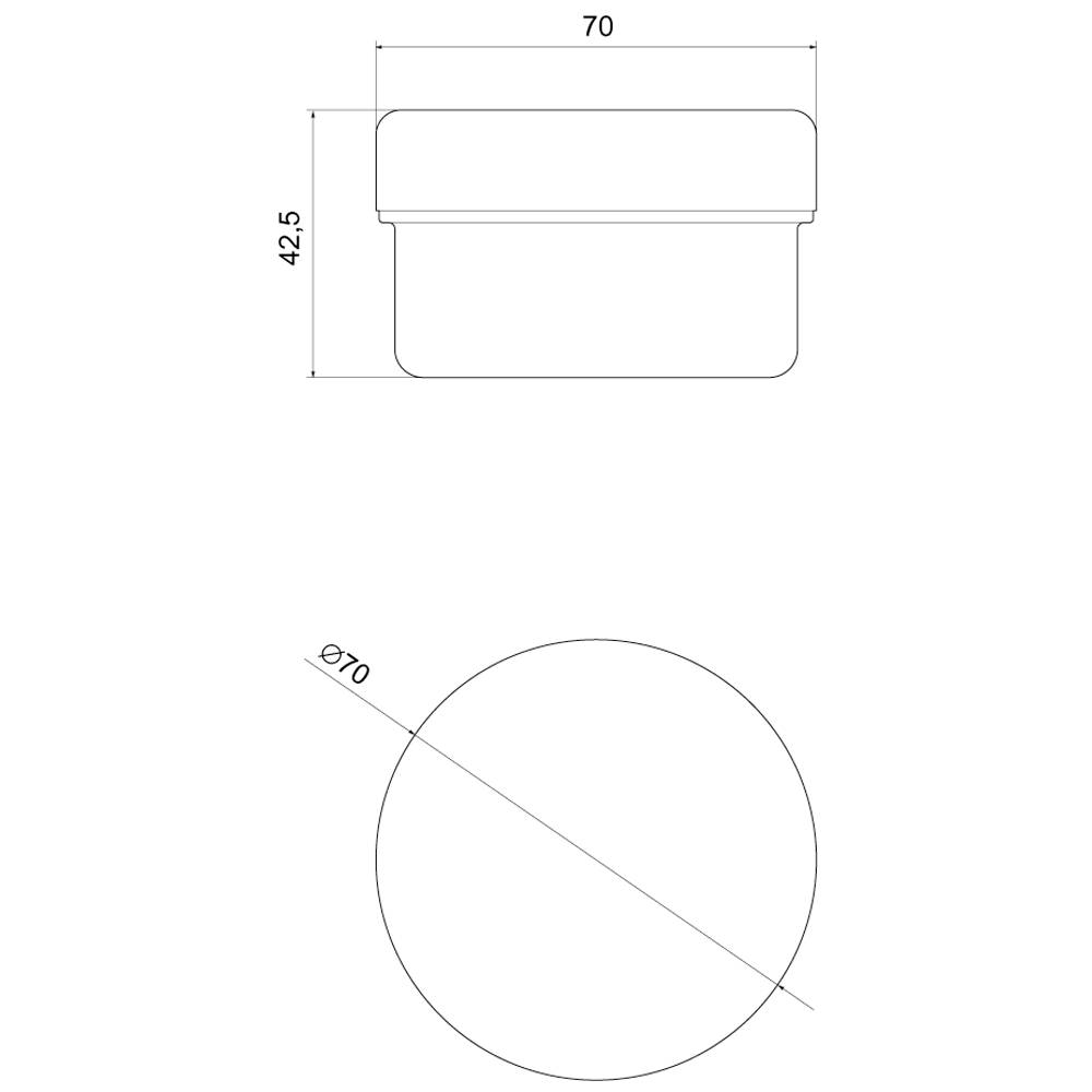Teknisk tegning af en cylindrisk beholder med følgende dimensioner: Højde 42,5 mm, diameter 70 mm. Set ovenfra og fra siden.