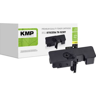 'KMP Premium Quality Tonerkassette' med emballage og to tonere. Kompatibel med 'Kyocera TK-5230Y'. Garantioplysninger: '36 måneder'.