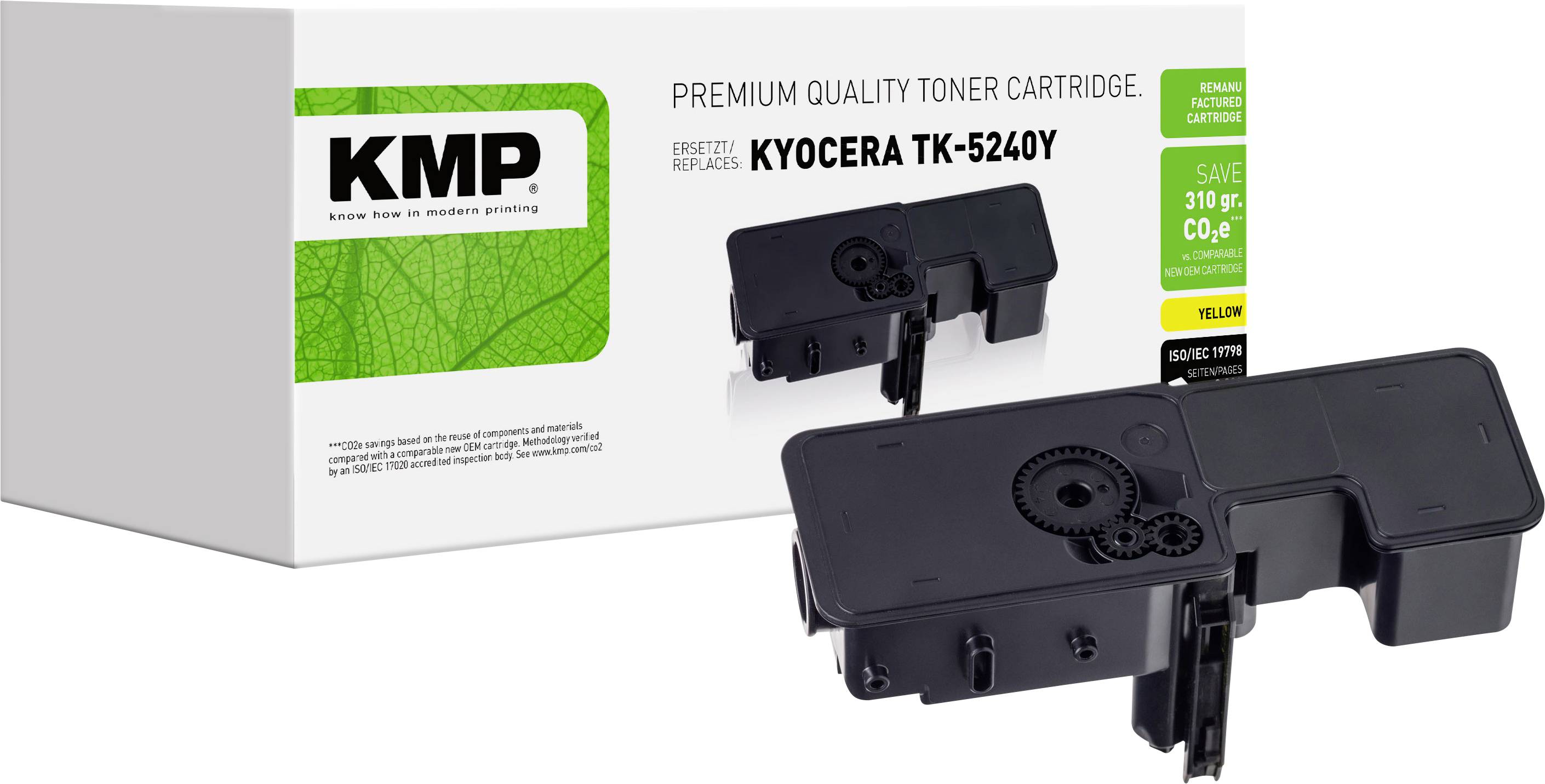 KMP premiumkvalitets tonerkassette til Kyocera TK-5240Y, vist med produktboks og sort kassette på hvid baggrund.