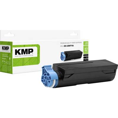 En sort toner med blå låg. Emballage viser 'KMP', garanti på 36 måneder. Egnet til OKI 45807106 printer.
