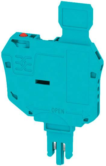 En blå, elektrisk komponent med en kontakt og en stikmekanisme. Den er mærket 'OPEN'.