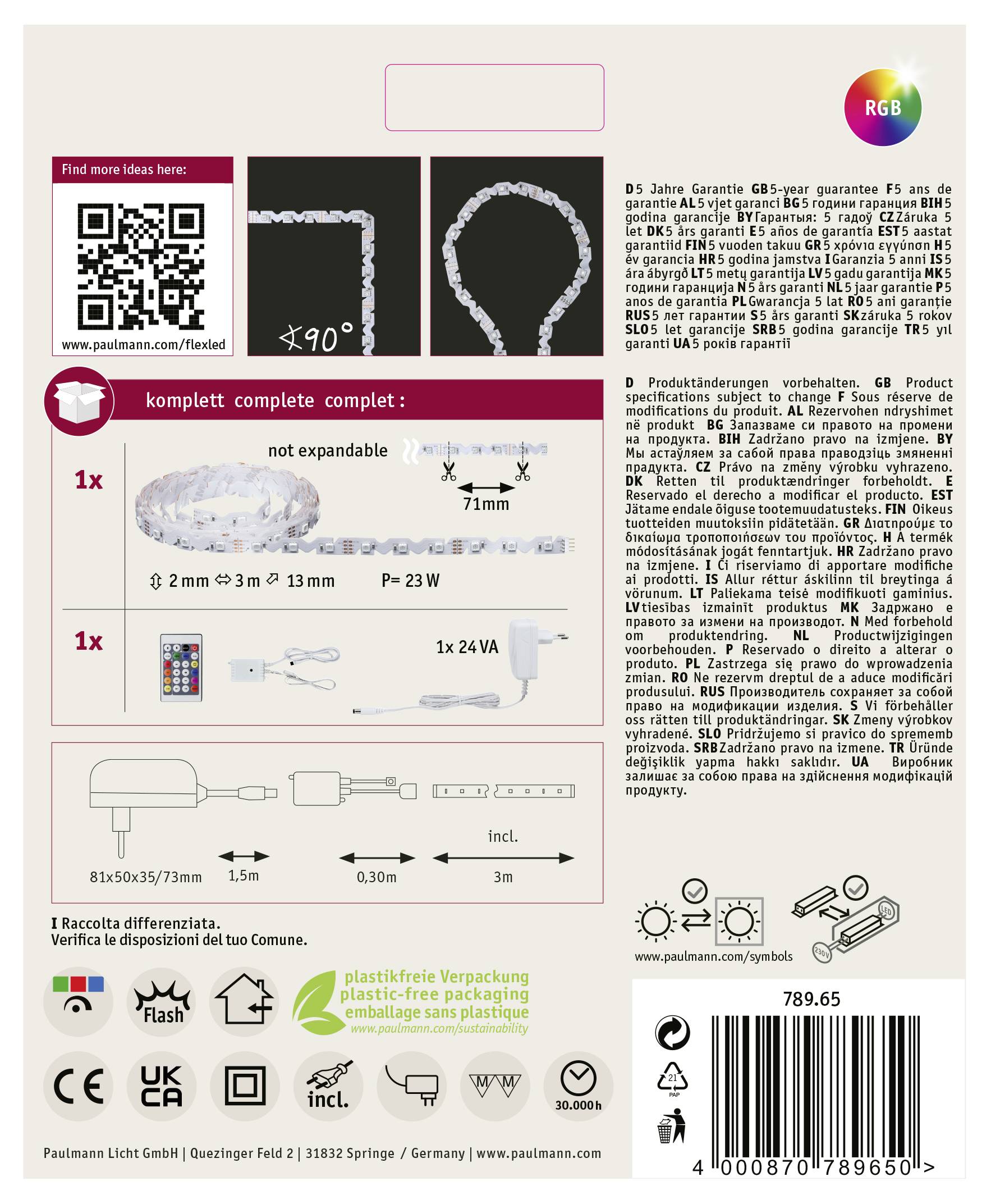 Bagsiden af en LED-lyskæde emballage. Indeholder tekniske oplysninger, QR-kode, symboldiagrammer for montering og advarsler.